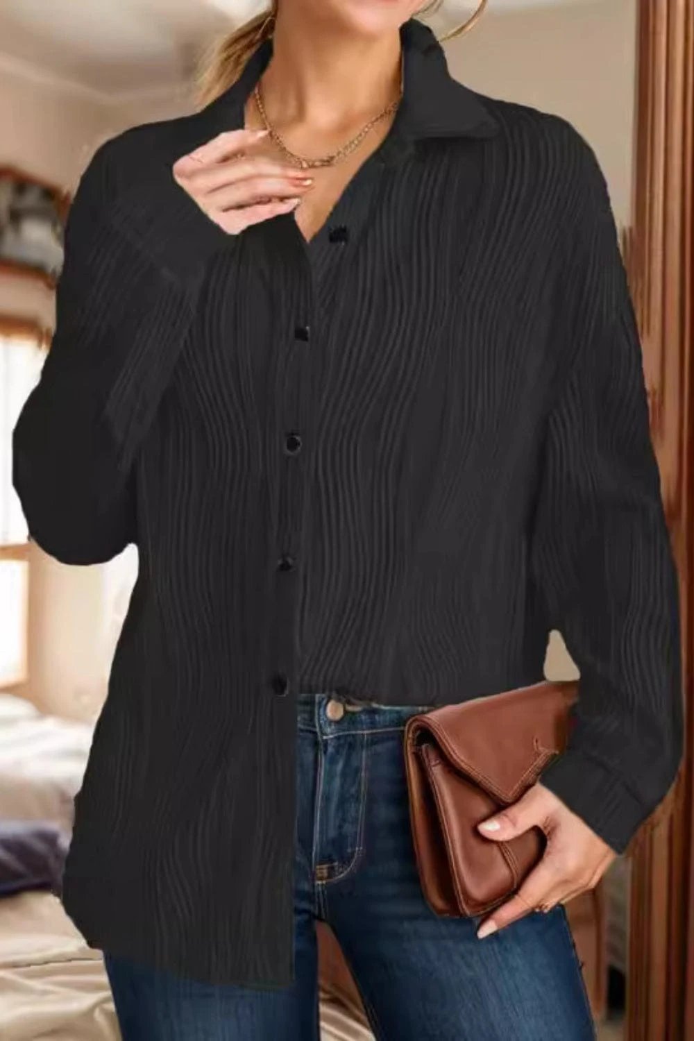 Textured Collared Neck Long Sleeve Shirt - Trendsi