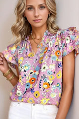 Printed Notched Double Layered Ruffle Sleeve Blouse - Trendsi - Flyclothing LLC