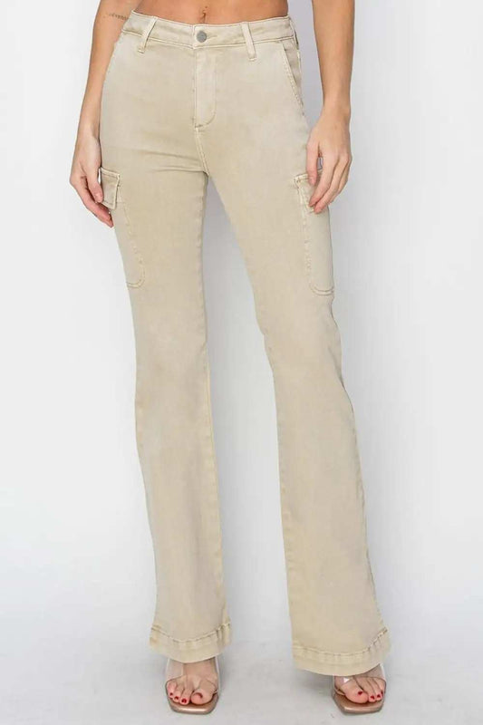 RISEN Full Size High Rise Side Slit Cargo Bootcut Jeans - Trendsi - Flyclothing LLC