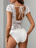 Perfee Lace Backless V-Neck Cap Sleeve Bodysuit - Trendsi