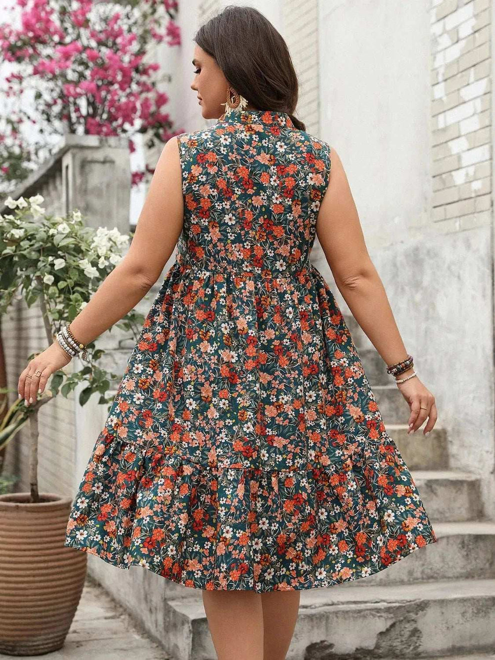 Plus Size Floral Notched Sleeveless Dress - Trendsi - Flyclothing LLC
