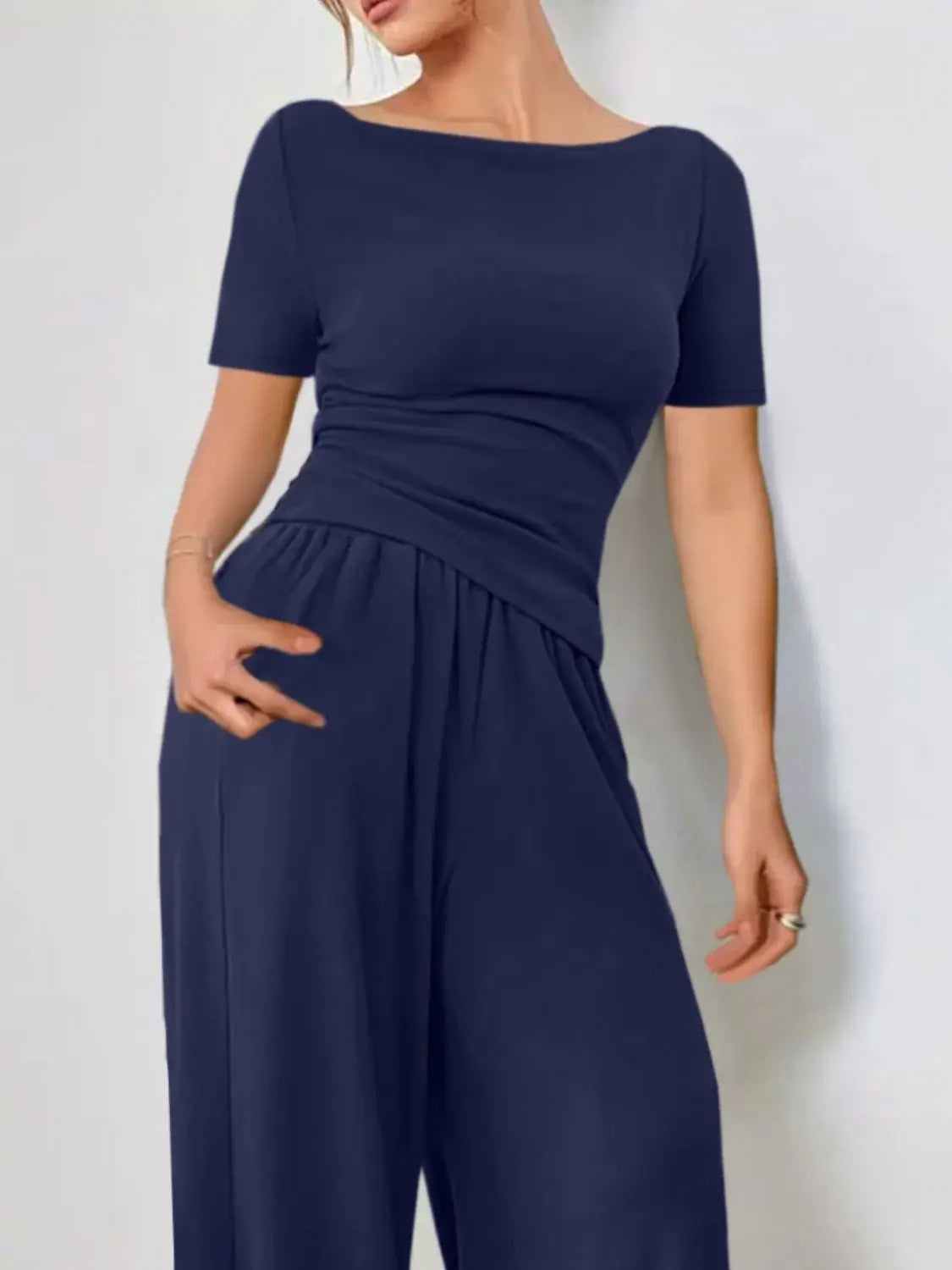 Round Neck Short Sleeve T-Shirt and Pants Set - Trendsi - Flyclothing LLC