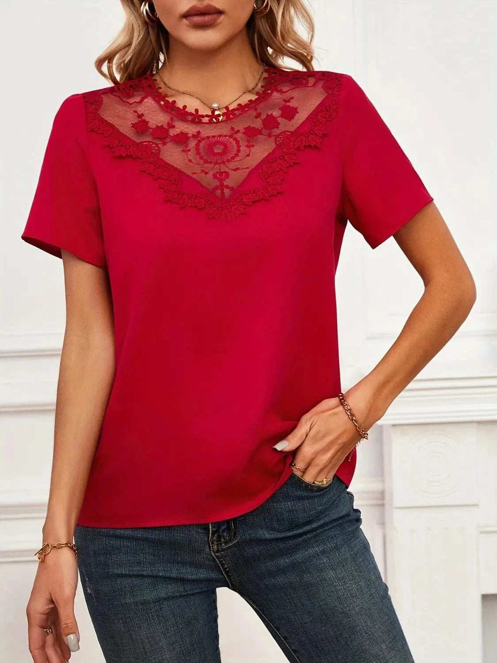 Lace Mesh Panel Short Sleeve Blouse - Trendsi - Flyclothing LLC