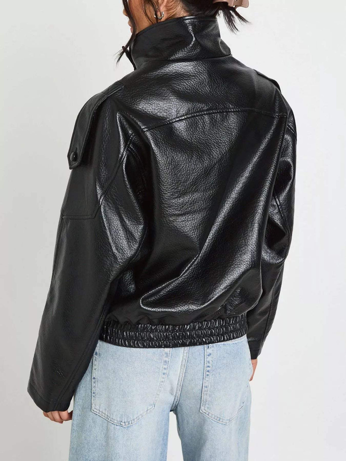Faux Leather Moto Jacket with Asymmetrical Zip - Trendsi - Flyclothing LLC