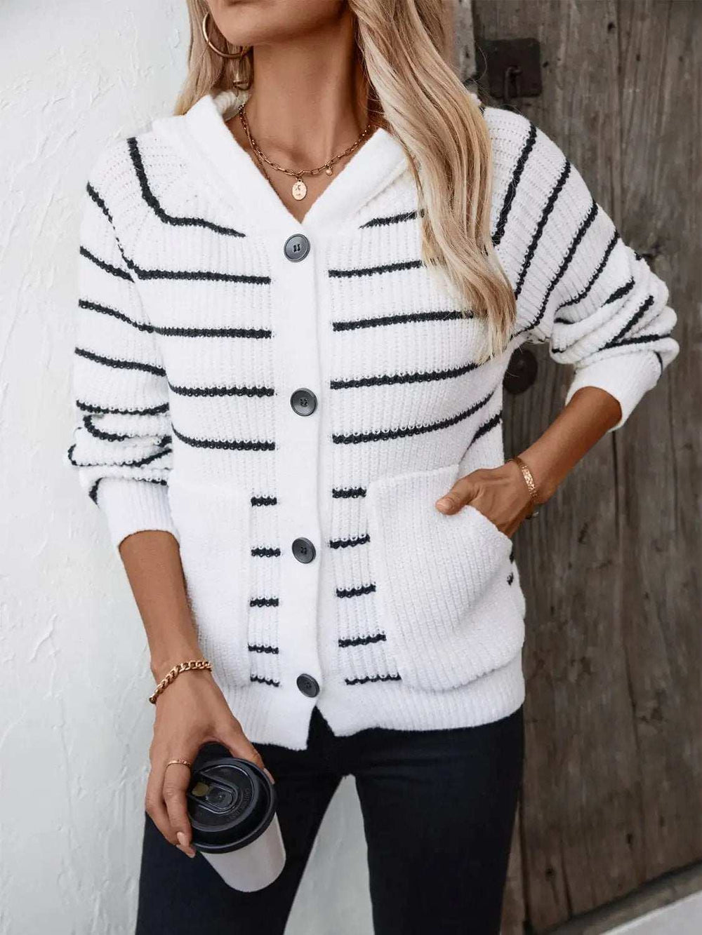 Striped Button Up Long Sleeve Hooded Cardigan - Trendsi - Flyclothing LLC