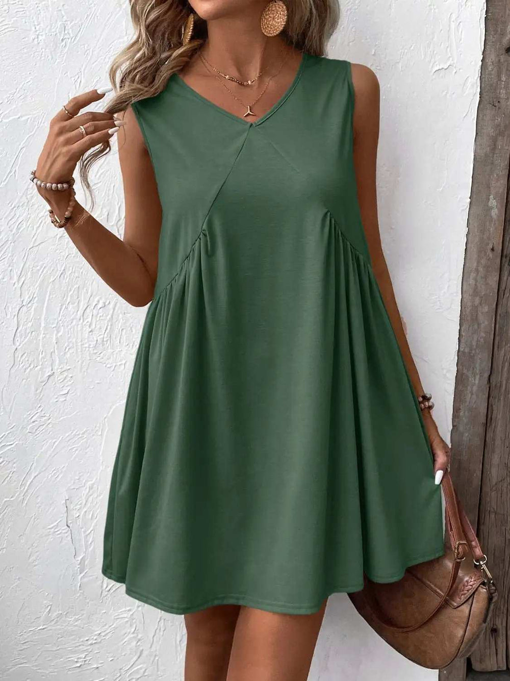 Ivy Lane Ruched V-Neck Sleeveless Mini Dress - Trendsi - Flyclothing LLC