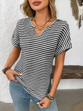 Striped Notched Short Sleeve T-Shirt - Trendsi - Flyclothing LLC