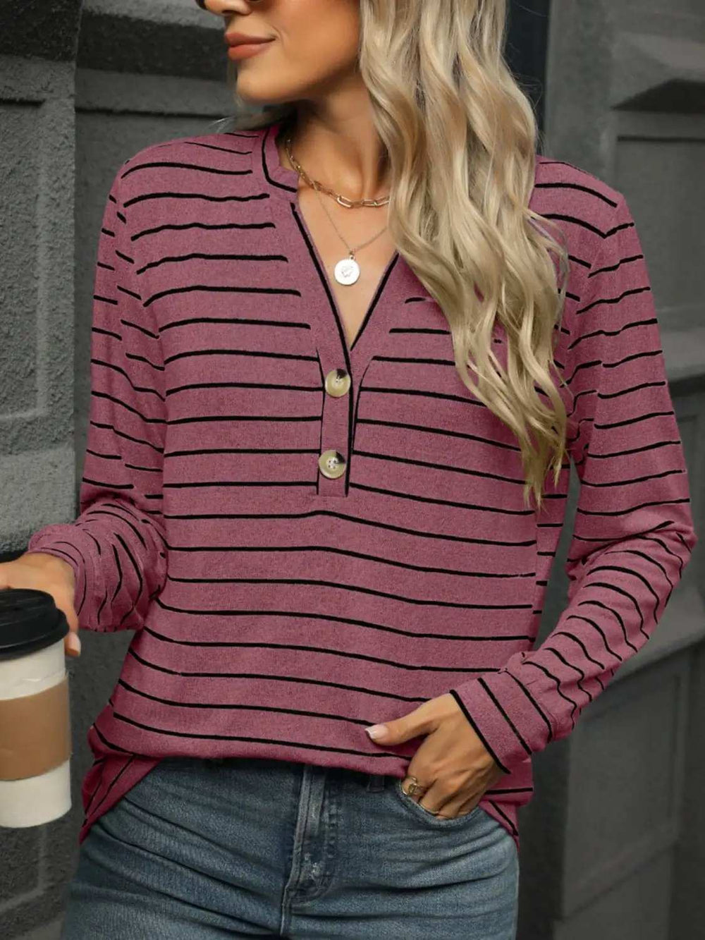 Striped Notched Long Sleeve T-Shirt - Trendsi - Flyclothing LLC