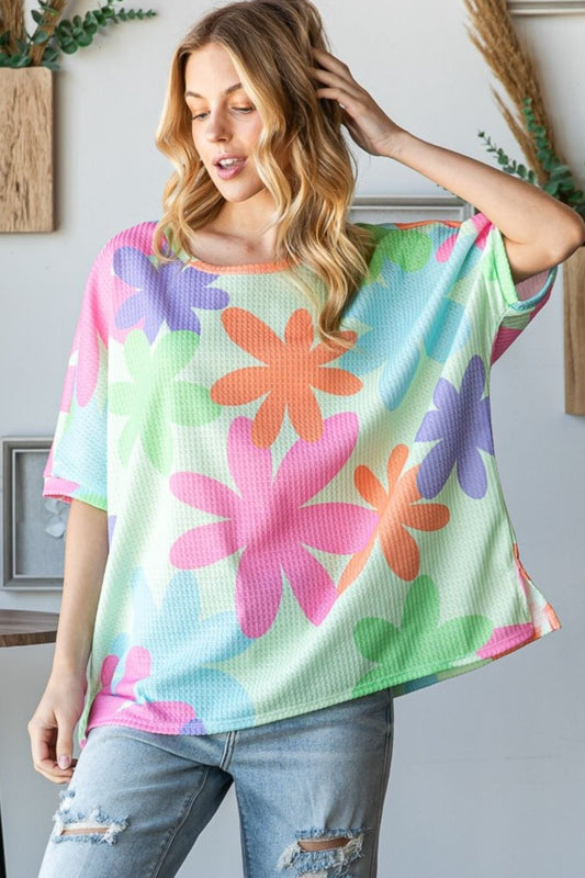 HOPELY Floral Round Neck Waffle T-Shirt - Trendsi