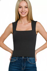 Zenana Ribbed Seamless Double Layered Square Neck Tank - Trendsi - Flyclothing LLC