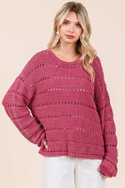 Mittoshop Openwork Round Neck Drop Shoulder Sweater - Trendsi - Flyclothing LLC
