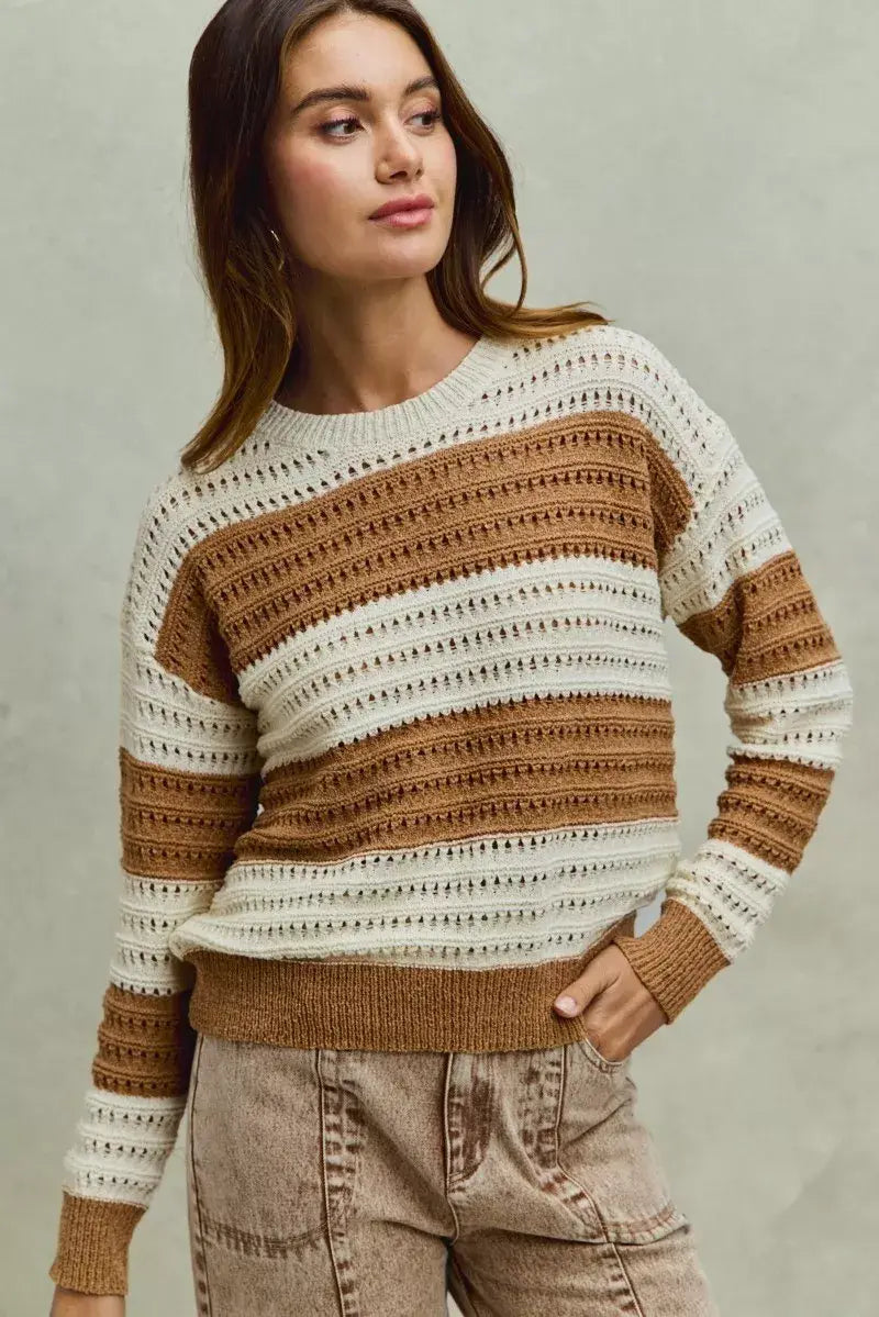 SO ME Openwork Round Neck Wide Stripe Textured Sweater - Trendsi - Flyclothing LLC
