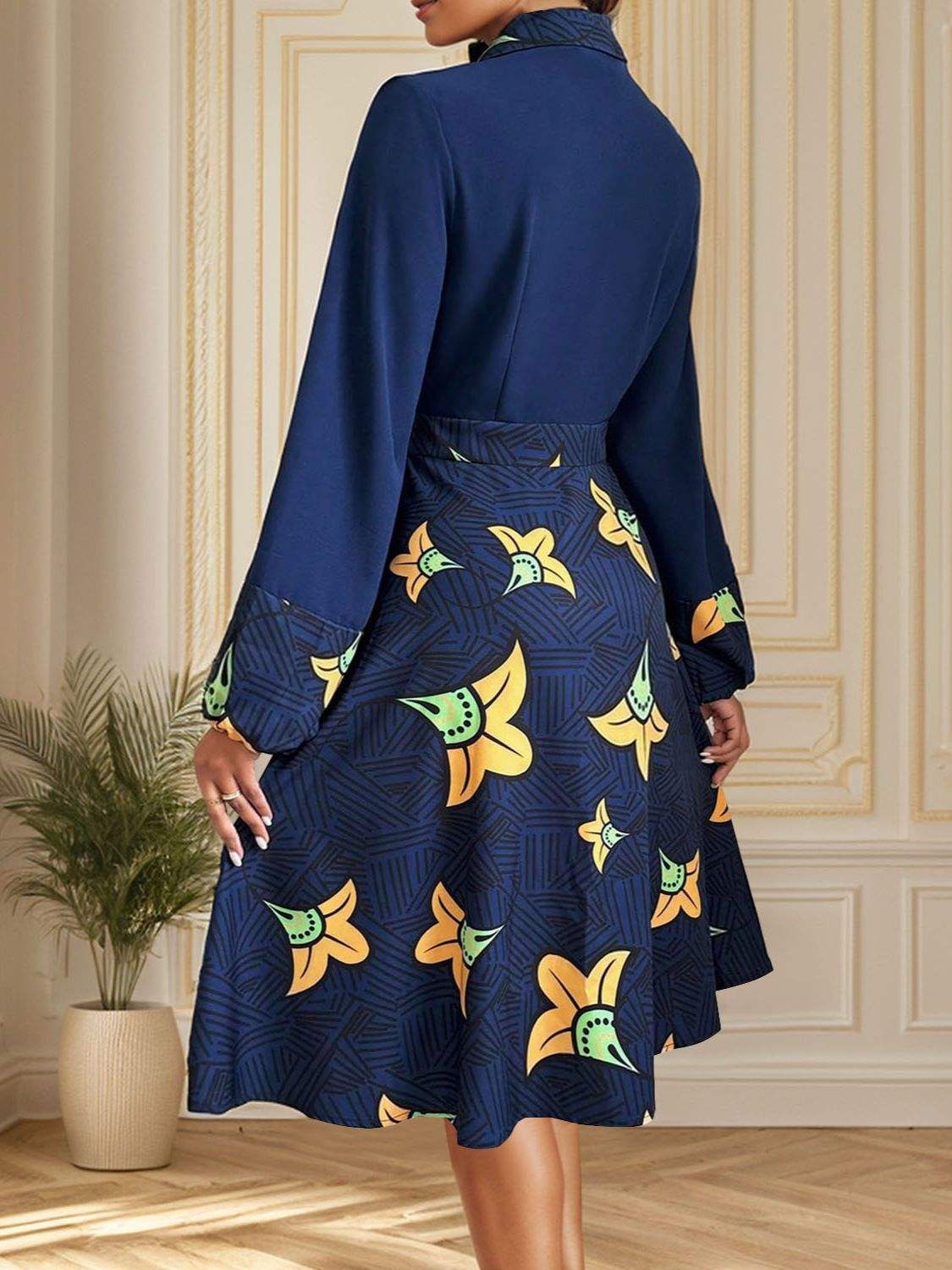 Printed Collared Neck Long Sleeve Dress - Trendsi - Flyclothing LLC