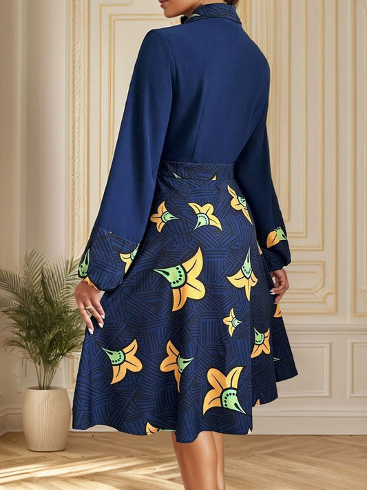 Printed Collared Neck Long Sleeve Dress - Trendsi