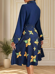 Printed Collared Neck Long Sleeve Dress - Trendsi