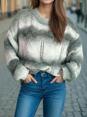 Openwork Round Neck Long Sleeve Sweater - Trendsi