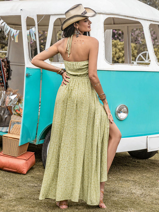 Printed Halter Neck Maxi Dress - Trendsi