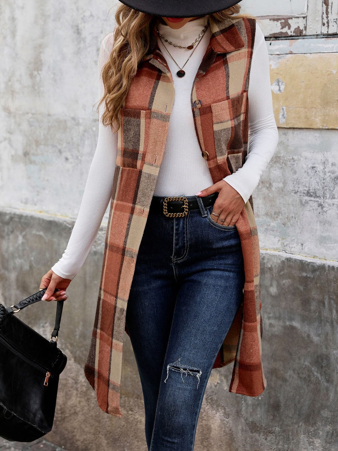 Pocketed Button Up Plaid Vest - Trendsi