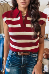 Collared Neck Striped Sweater Vest - Trendsi - Flyclothing LLC