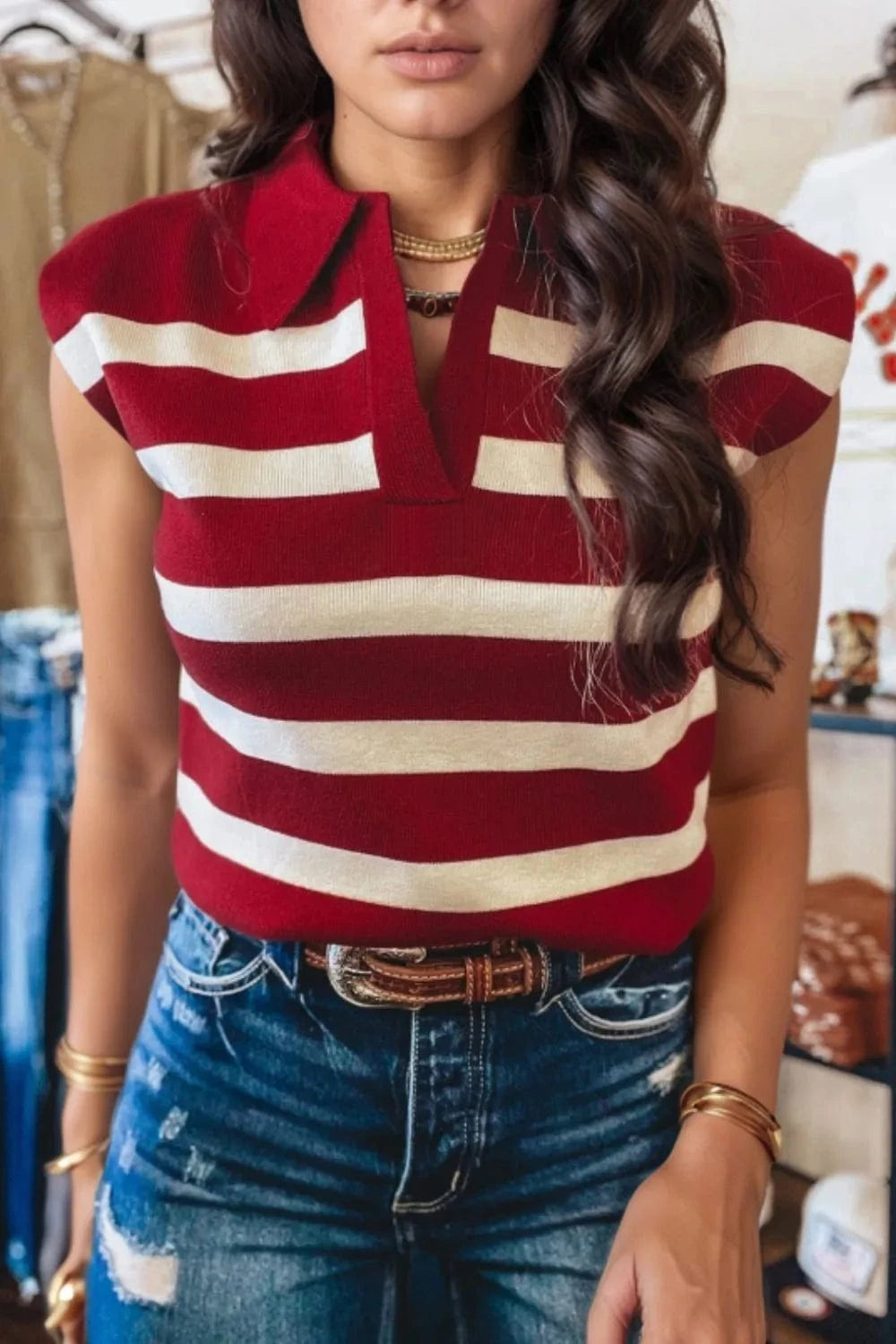 Collared Neck Striped Sweater Vest - Trendsi