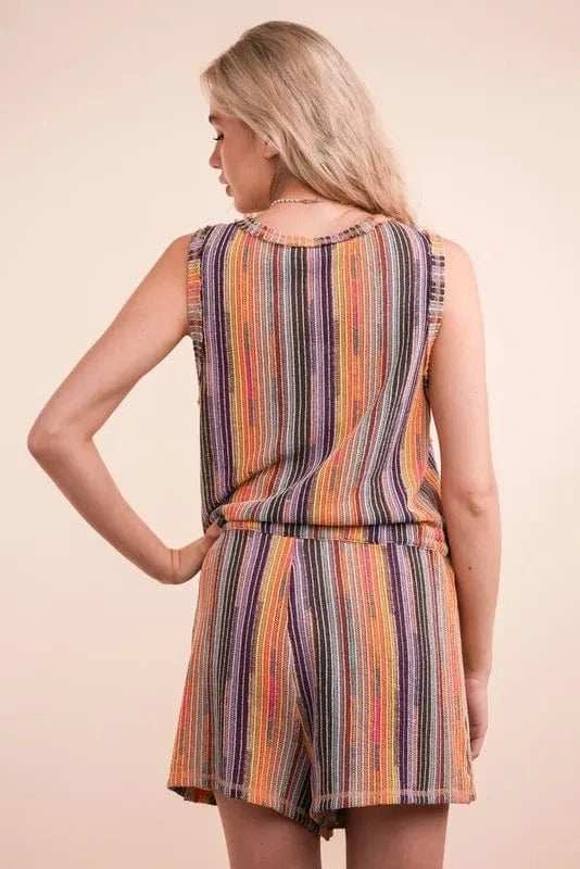 VERY J Crochet Multi Color Striped Casual Summer Romper - Trendsi - Flyclothing LLC