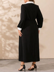 Plus Size Contrast Collared Neck Long Sleeve Midi Dress - Trendsi