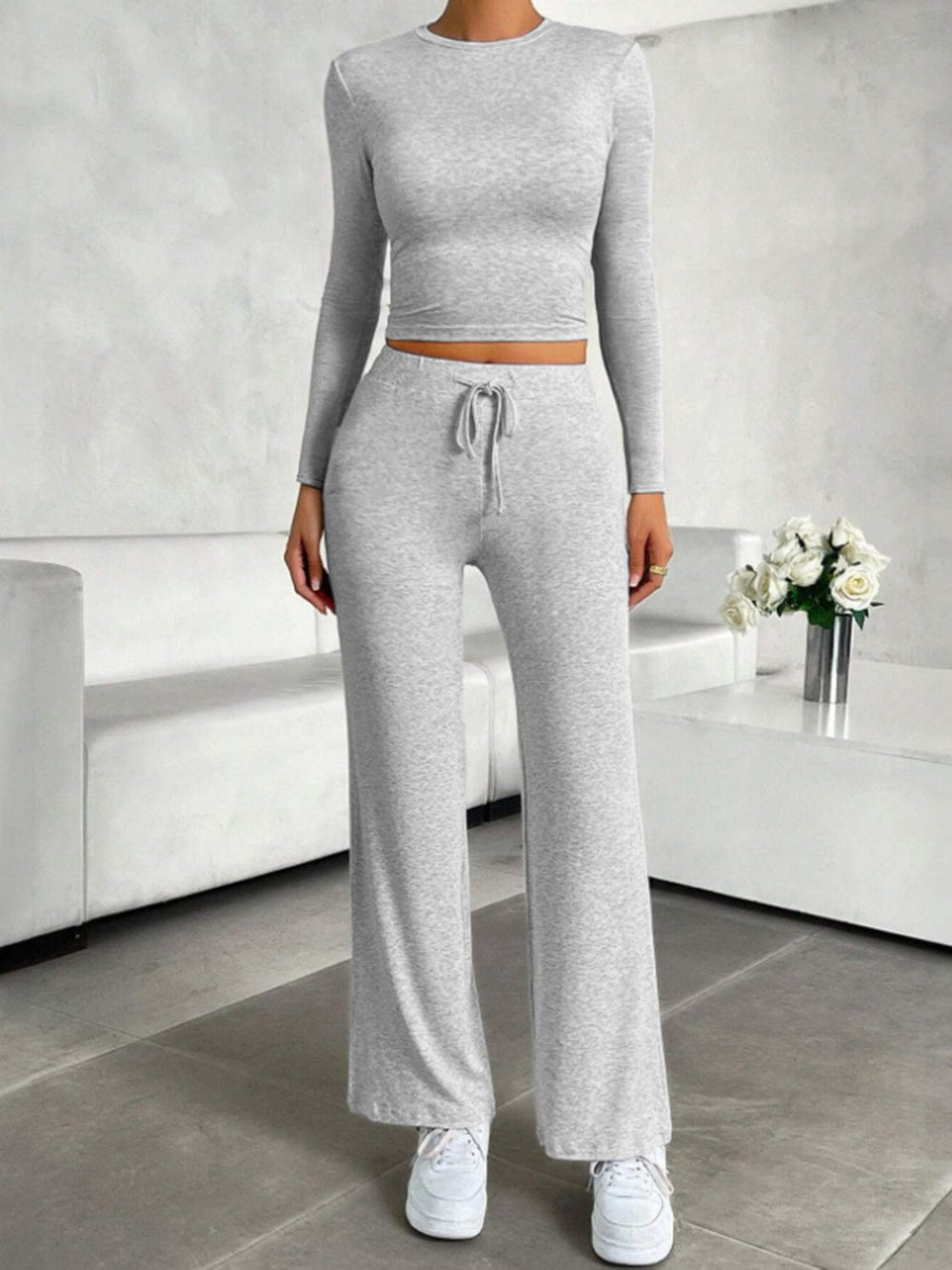 Round Neck Long Sleeve Top and Drawstring Pants Set - Trendsi