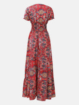Full Size Smocked Printed V-Neck Short Sleeve Dress - Trendsi - Flyclothing LLC