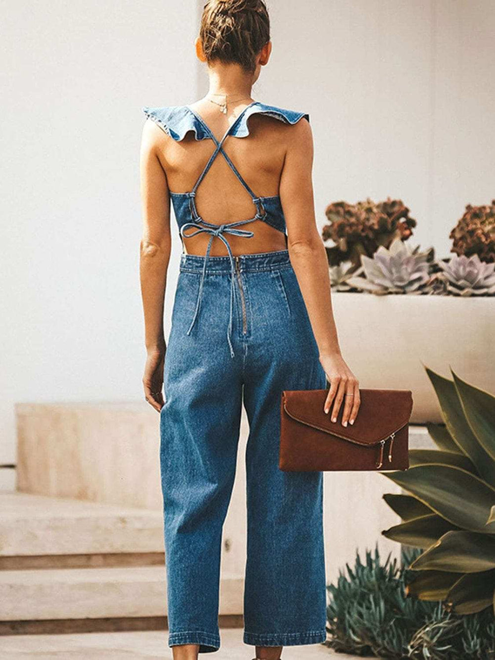 Ruffled Backless Sleeveless Denim Jumpsuit - Trendsi - Flyclothing LLC