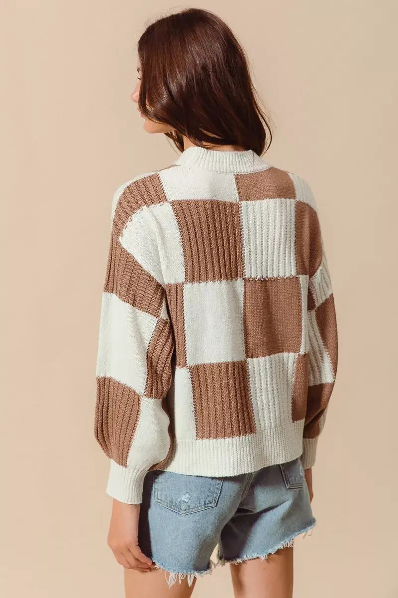 SO ME Ribbed Color Block Checkered Plaid Sweater - Trendsi - Flyclothing LLC