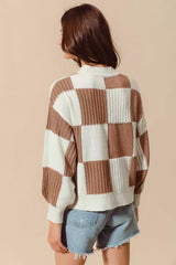SO ME Ribbed Color Block Checkered Plaid Sweater - Trendsi - Flyclothing LLC