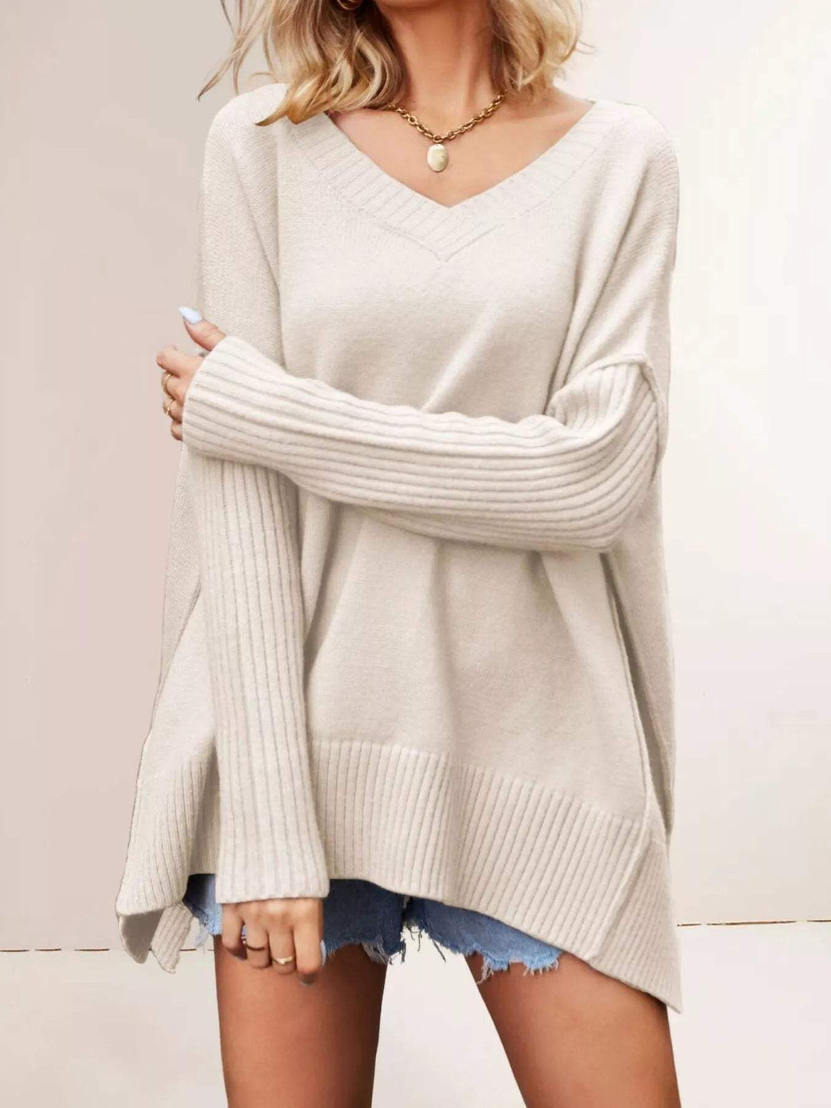 V-Neck Ribbed Sleeve Sweater - Trendsi - Flyclothing LLC