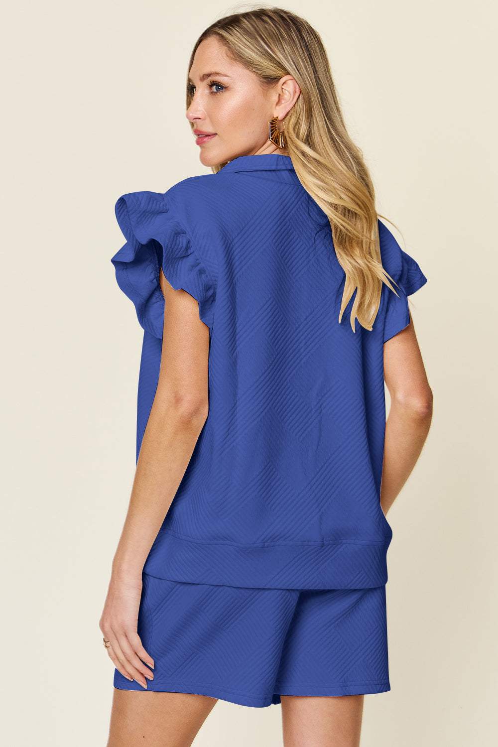 Double Take Full Size Texture Flounce Sleeve Top and Drawstring Shorts Set - Trendsi - Flyclothing LLC