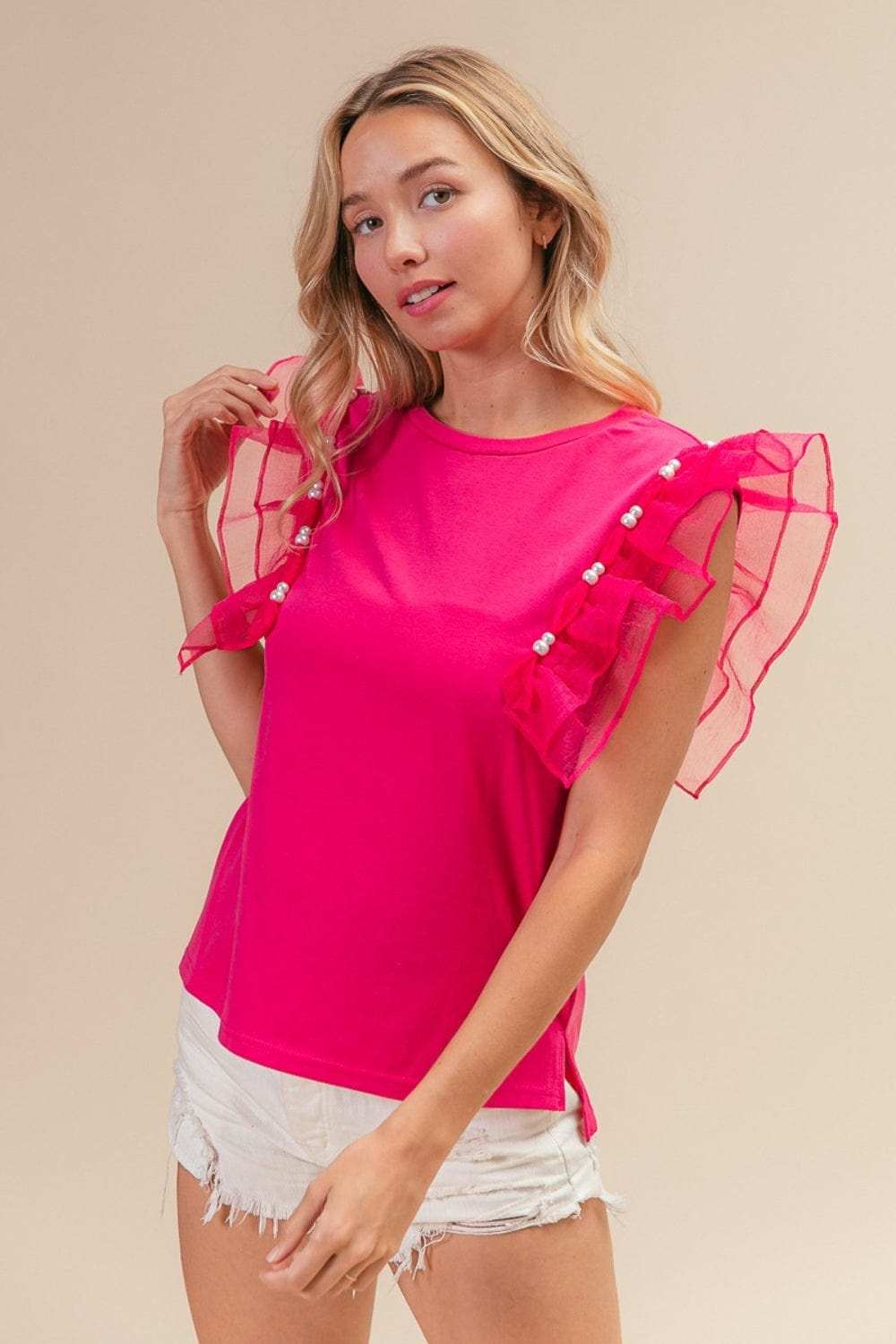 BiBi Pearl Decor Mesh Ruffle Sleeve Top - Trendsi - Flyclothing LLC