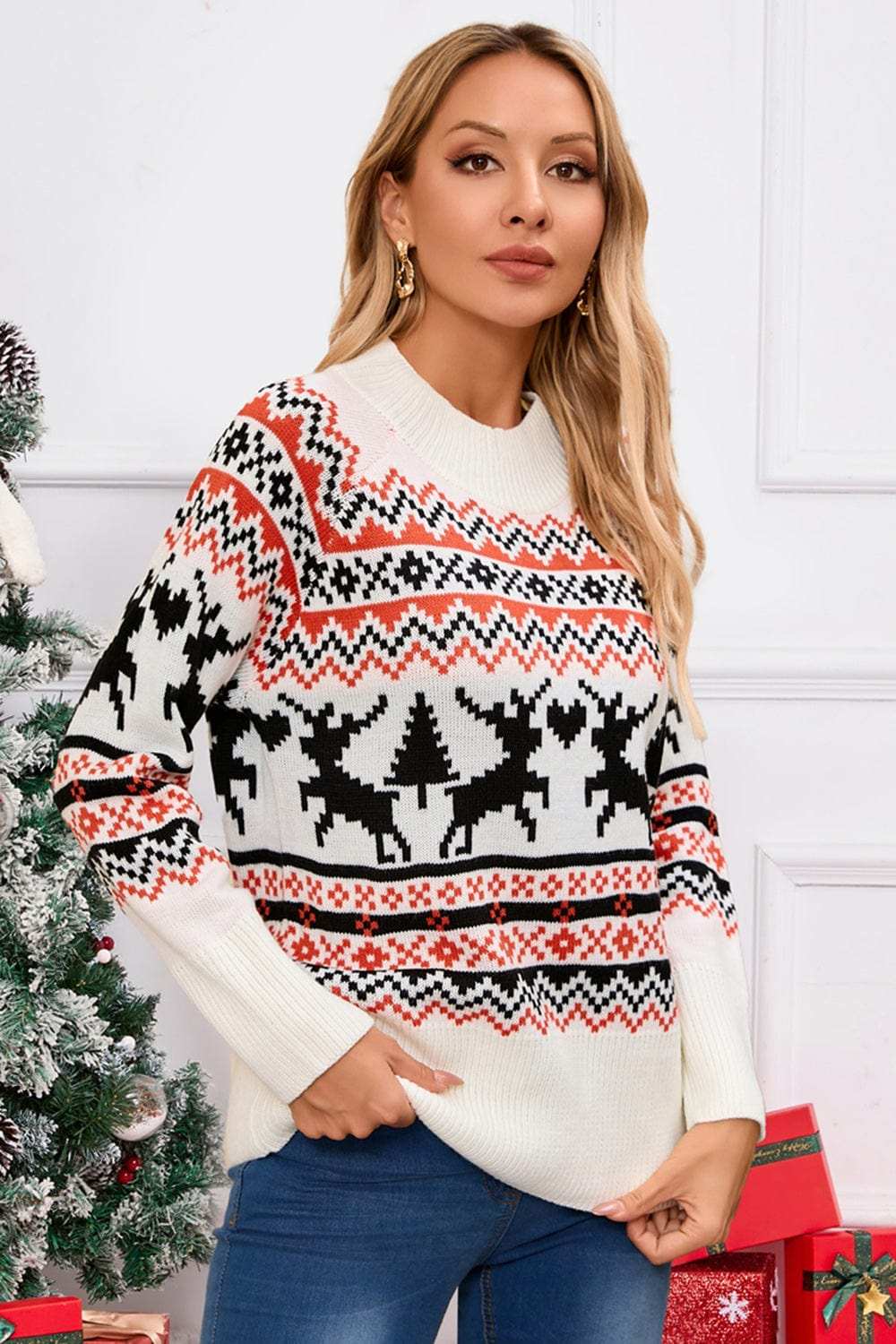 Angel Wings Reindeer Round Neck Long Sleeve Sweater - Trendsi - Flyclothing LLC
