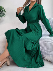 Pleated Half Button Long Sleeve Midi Dress - Trendsi