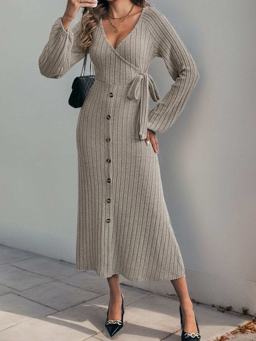 Perfee Ribbed Tied Surplice Long Sleeve Dress - Trendsi - Flyclothing LLC