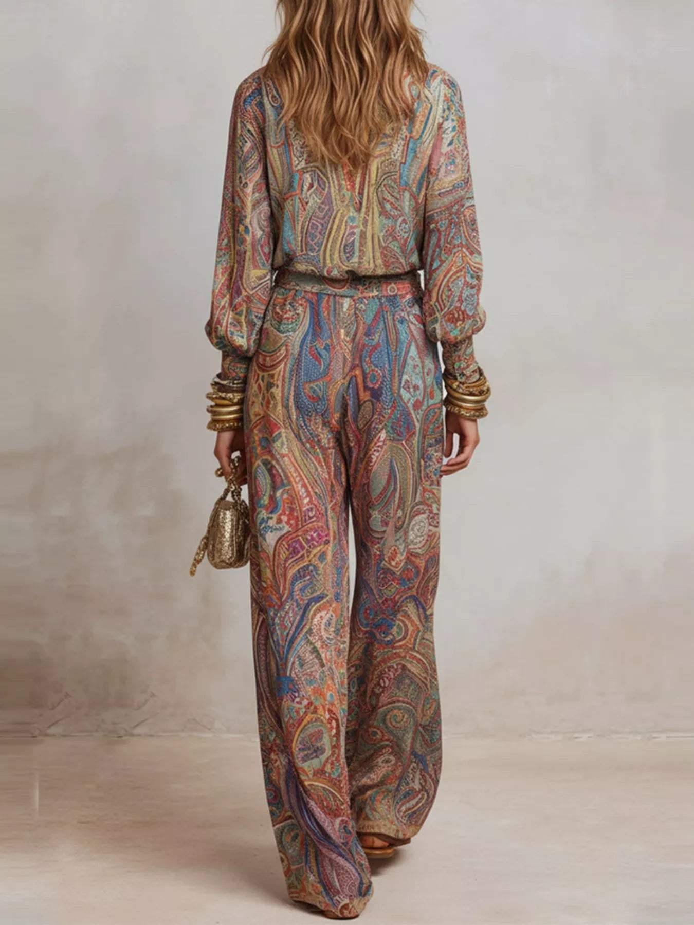 Paisley Print Long Sleeve Top and Pants Set - Trendsi - Flyclothing LLC