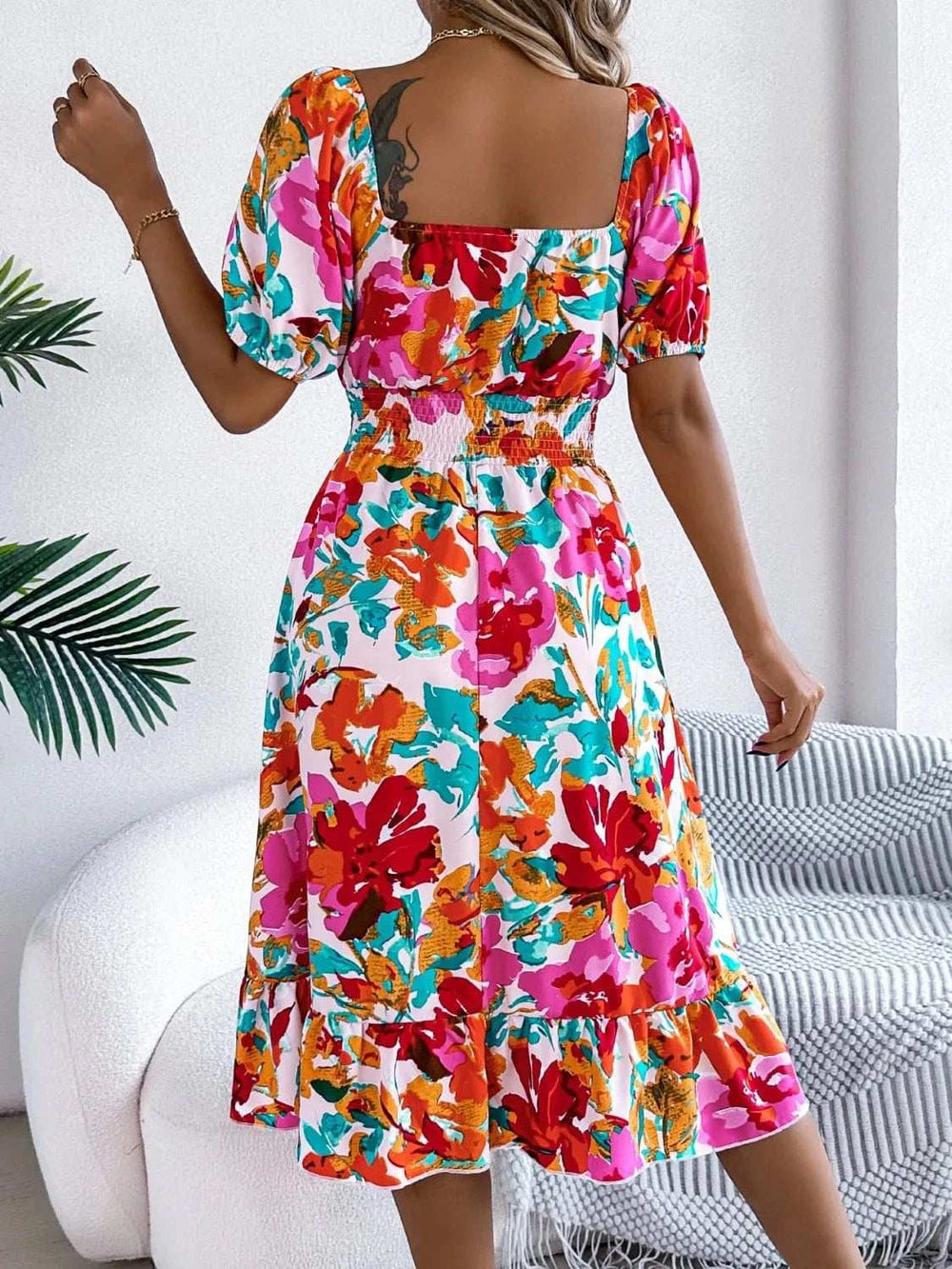 Ruffled Hem Smocked Floral Short Sleeve Midi Dress - Trendsi - Flyclothing LLC