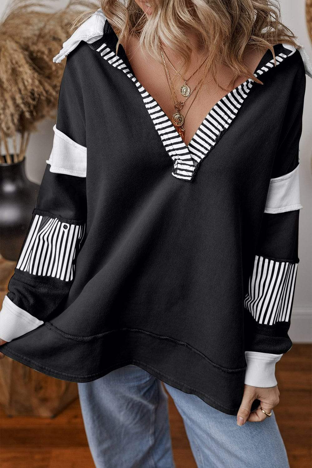 Collared Neck Long Sleeve Sweatshirt - Trendsi - Flyclothing LLC