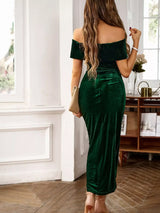 Velvet Off-Shoulder Ruched Midi Dress - Trendsi - Flyclothing LLC