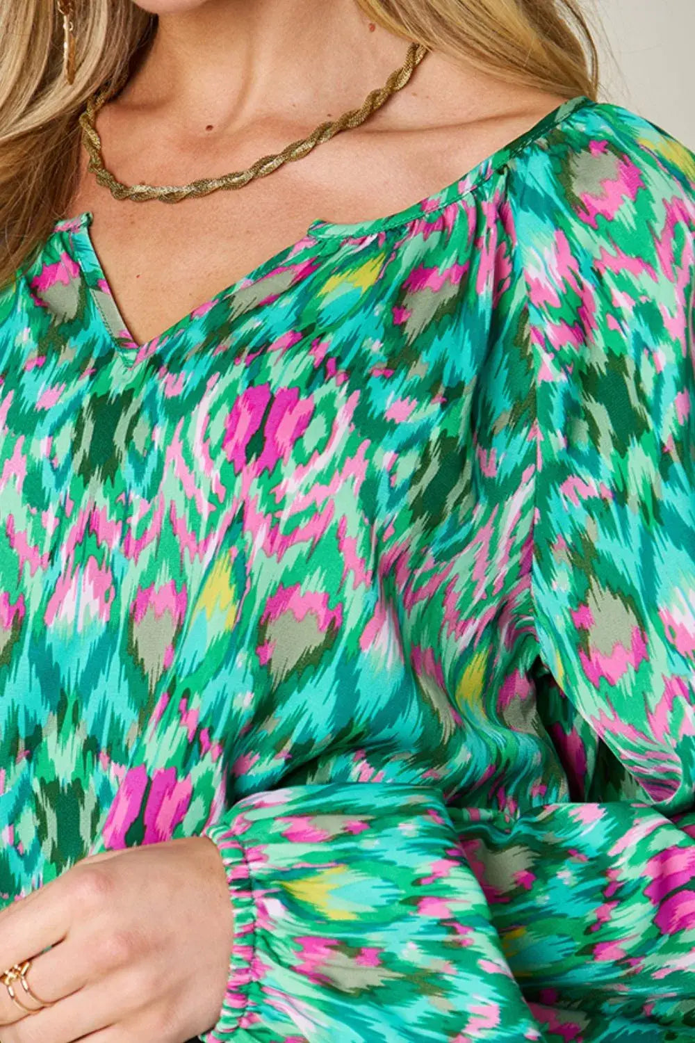 Double Take Full Size Printed Balloon Sleeve Blouse - Trendsi - Flyclothing LLC
