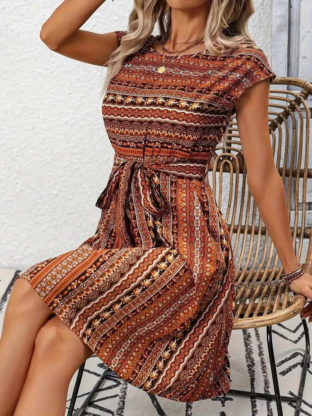 Printed Round Neck Cap Sleeve Dress - Trendsi - Flyclothing LLC