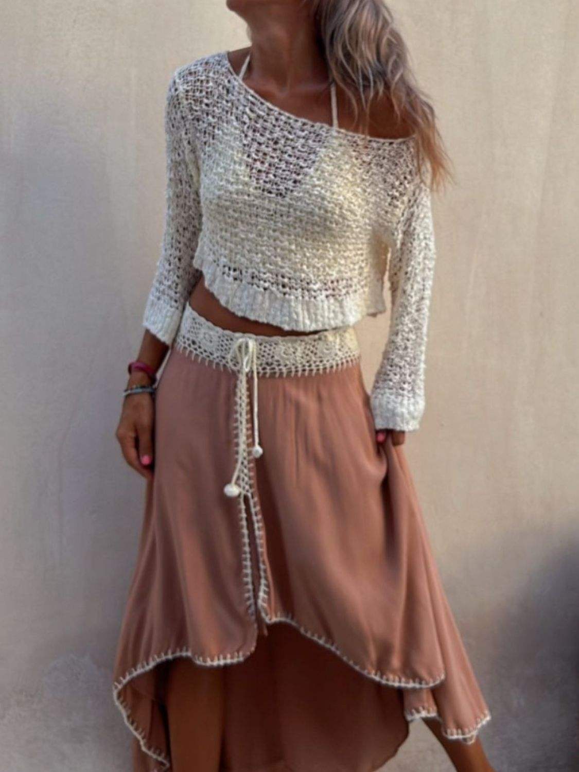 Round Neck Long Sleeve Knit Cover Up - Trendsi - Flyclothing LLC