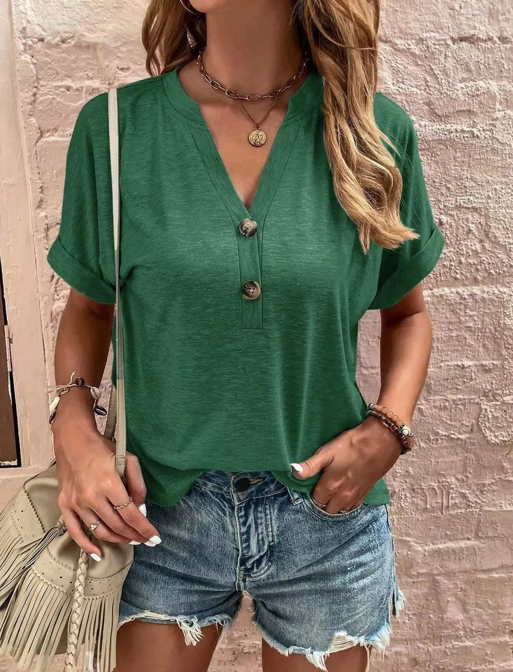 Full Size Casual Notched Short Sleeve Blouse Plus Size - Trendsi - Flyclothing LLC