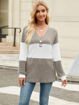 Color Block V-Neck Long Sleeve T-Shirt - Trendsi - Flyclothing LLC