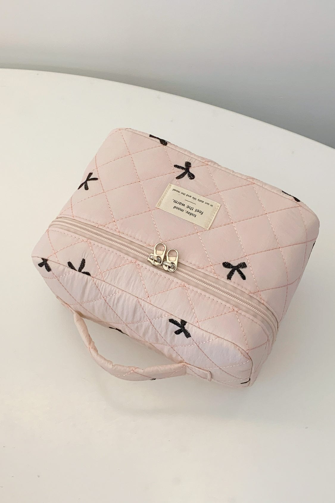 Bow Embroidered Quilted Storage Bag with Zip - Trendsi