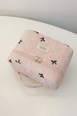 Bow Embroidered Quilted Storage Bag with Zip - Trendsi