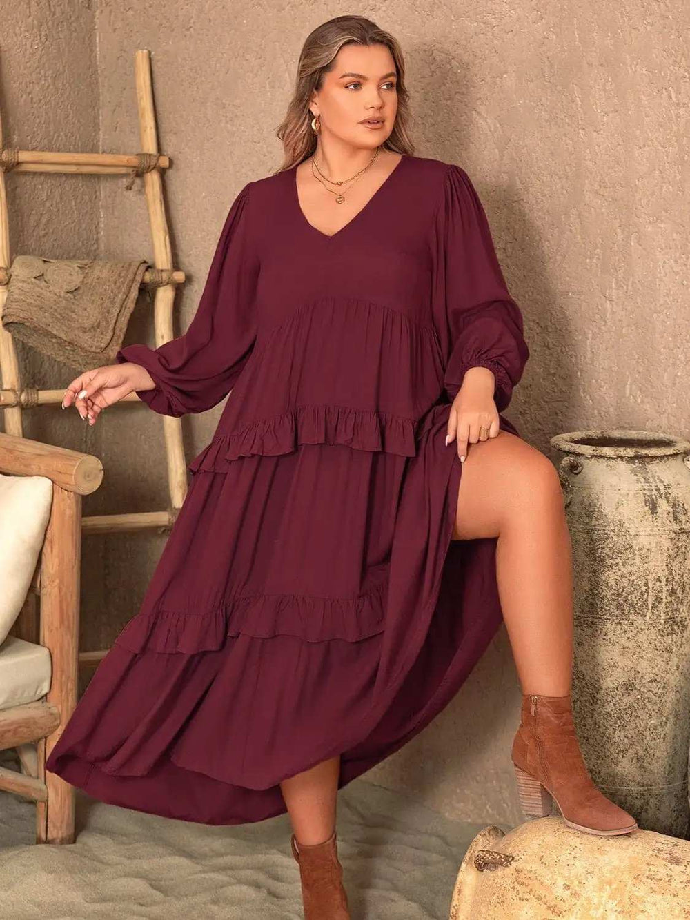 Plus Size Ruffled V-Neck Long Sleeve Dress - Trendsi - Flyclothing LLC