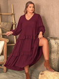 Plus Size Ruffled V-Neck Long Sleeve Dress - Trendsi - Flyclothing LLC